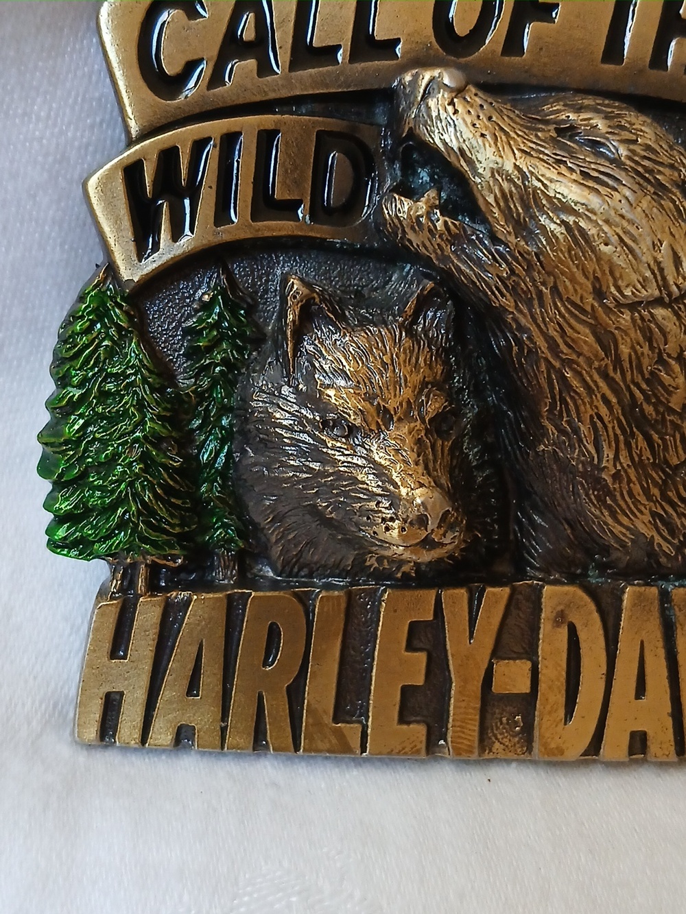 Vintage 1994 Harley Davidson Brass Belt Buckle CALL of the WILD Wolves Baron USA - Picture 2 of 10